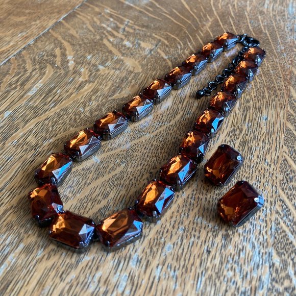 Dark Orange / Amber & Gunmetal Necklace & Earrings Set by Joan Rivers - Picture 5 of 13